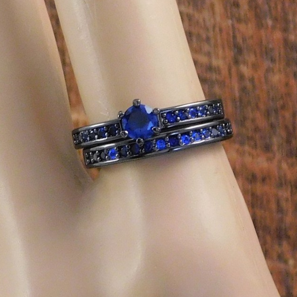 Black Gunmetal & Deep Blue Sapphire Solitaire Set